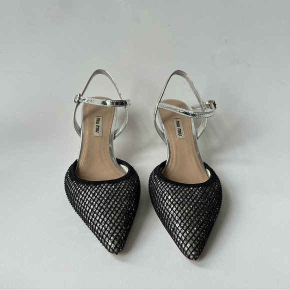 Rare Miu Miu Silver Mesh Black Glitter Kitten Heel sz 7.5 - Picture 3 of 11